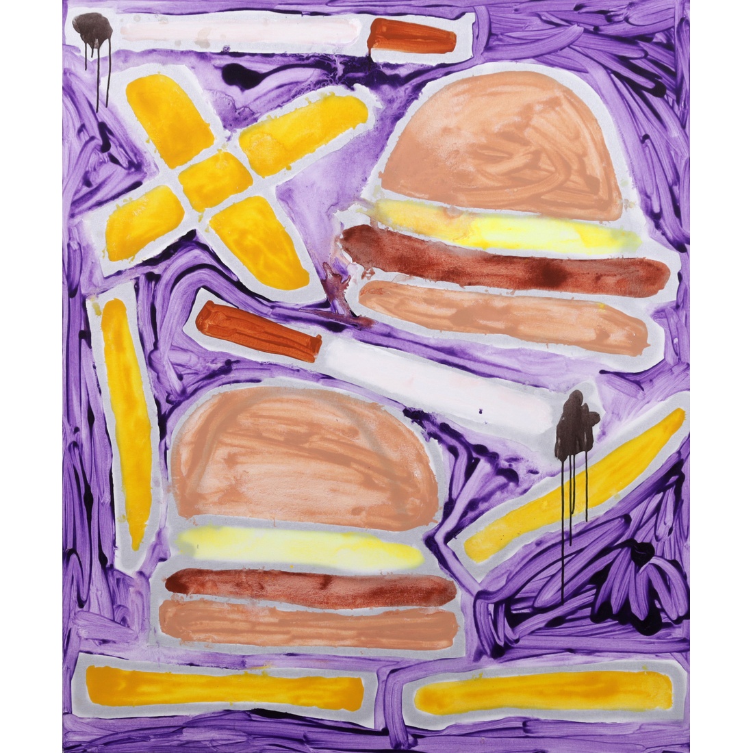 Katherine Bernhardt HAMBURGERS, FRENCH FRIES & CIGARETTES Painting, 72"H